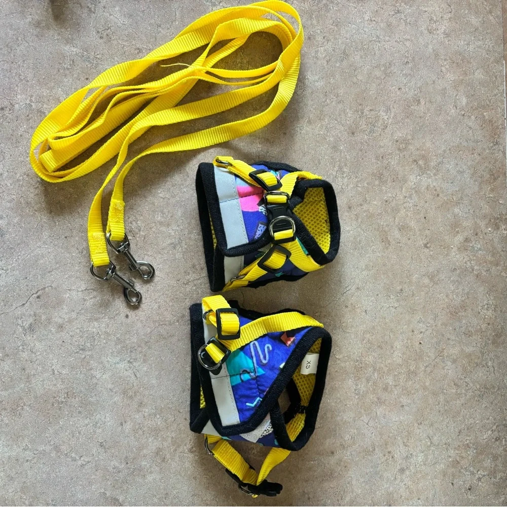 Two Harness and Leash Sets - Black, Yellow, and Multicolor